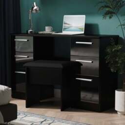 Crowndale Knightsbridge 6 Drawer Black Gloss and Black Kneehole Desk Ready Assembled - Size: 80 x 128 x 42cm - Black Gloss & Black - Wilko