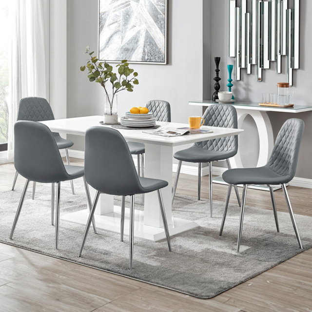 Furniturebox Molini Solara 6 Seater Dining Set White Gloss Elephant Grey and Chrome - Wilko - image 1