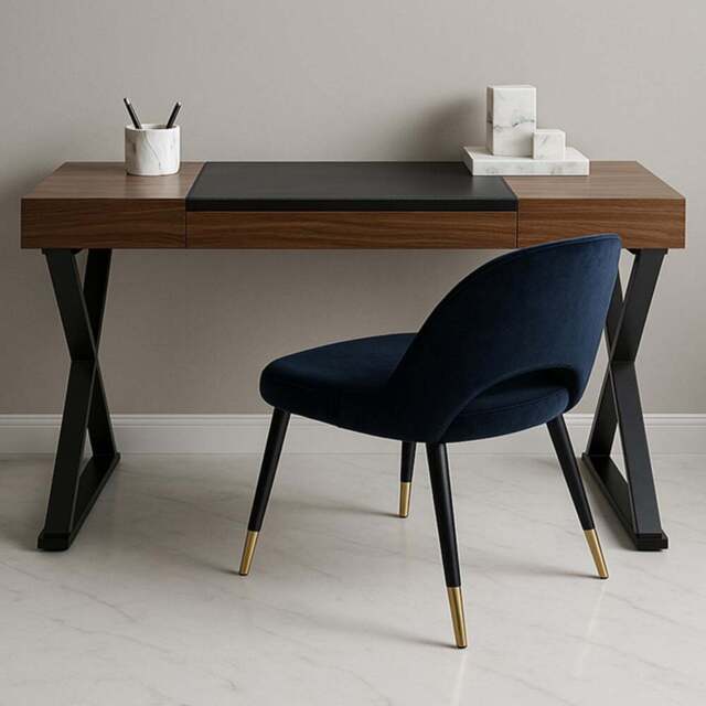 Centurion Supports Adonis Single Drawer Computer Desk with Leather Pad Matt Black and Walnut - Size: 75.5 x 120 x 55cm - Brown - Wilko - image 1
