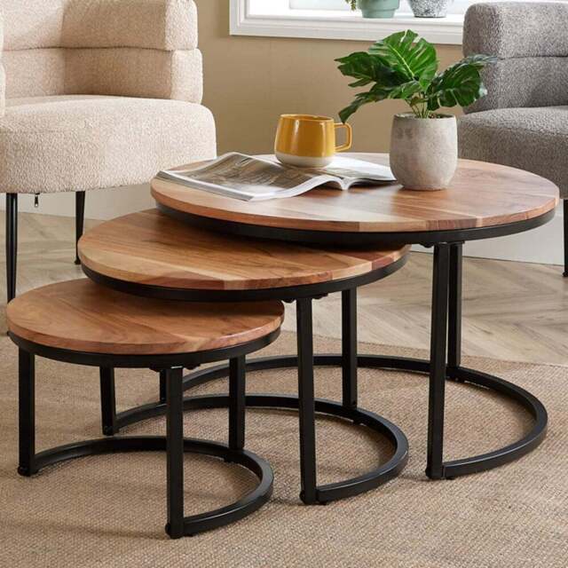 Home Source Eureka Acacia Round Nest of Tables Set of 3 - Size: 43 x 72 x 72cm - Brown - Wilko - image 1