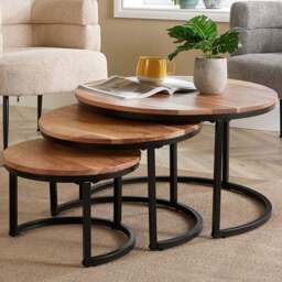 Home Source Eureka Acacia Round Nest of Tables Set of 3 - Size: 43 x 72 x 72cm - Brown - Wilko