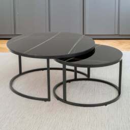 Delta Matt Black Round Nest of Tables Set of 2 - Size: 45 x 80 x 80cm - Shankar - Wilko