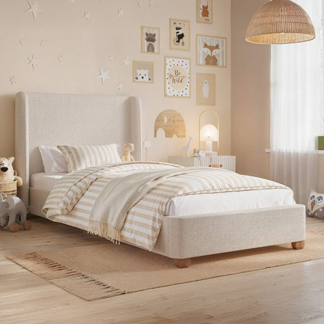 Flair Alma Single Beige Boucle Fabric Bed Frame with Winged Headboard - Cream - Wilko - image 1