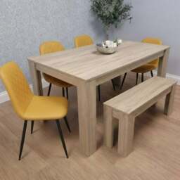 Kosy Koala 6 Seater Faux Leather Dining Bench Set Oak Effect and Mustard - Multi - Portland - Wilko