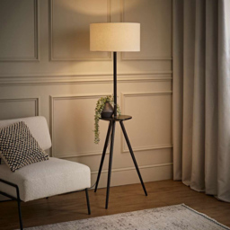 ValueLights Desmond Side Table Black Wood Tripod LED Floor Lamp with Bulb - Size: 150 x 45 x 45cm - Cream - Wilko - thumbnail 4