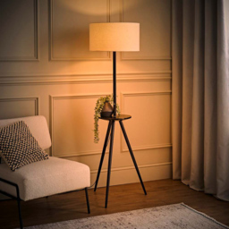 ValueLights Desmond Side Table Black Wood Tripod LED Floor Lamp with Bulb - Size: 150 x 45 x 45cm - Cream - Wilko - thumbnail 3