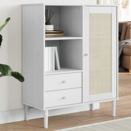 vidaXL Senja Single Door 2 Drawer 2 Shelf White Solid Pine Wood Rattan Look Highboard - Size: 112 x 90 x 40cm - Wilko - thumbnail 1