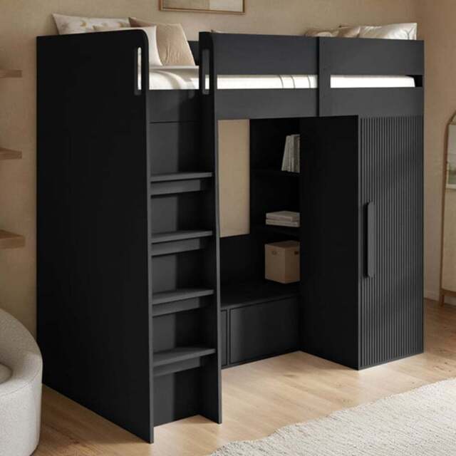 Flair Aspen Black Ribbed High Sleeper with Storage and Wardrobe - Size: Single - Wilko
