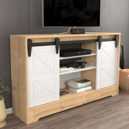 Decorotika Nisay 2 Door 3 Shelf Oak and White TV Unit - Size: 85 x 140 x 35cm - Multi - Wilko - thumbnail 1
