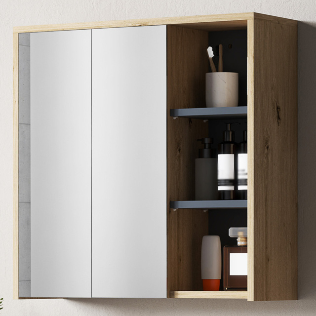 HOMCOM 2 Door 3 Shelf Natural Wall Mounted Mirror Bathroom Storage Cabinet - Size: 60 x 20 x 60cm - Brown - Wilko - image 1