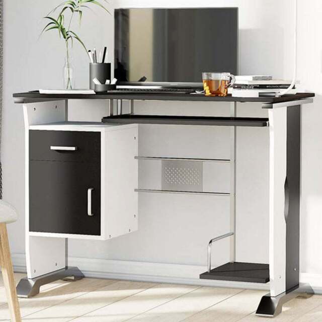 Portland Computer Desk with Sliding Tray White and Black - Size: 100 x 52 x 75cm - Wilko