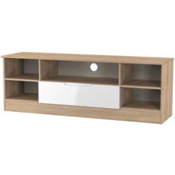 Crowndale Milan Single Drawer 5 Shelf White Gloss and Bardolino Oak Wide TV Unit Ready Assembled - Size: 50 x 144 x 39cm - White Gloss & Bardolino Oak - thumbnail 4