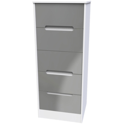 Crowndale Monaco 5 Drawer Grey Gloss and White Tall Bedside Cabinet Ready Assembled - Grey Gloss & White - Wilko - thumbnail 4