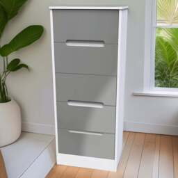 Crowndale Monaco 5 Drawer Grey Gloss and White Tall Bedside Cabinet Ready Assembled - Grey Gloss & White - Wilko