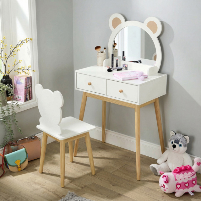 Home Source Ted 2 Drawer White Bear Design Kids Dressing Table Set with Mirror - Size: 113 x 60 x 35cm - white and wood - Wilko - image 1
