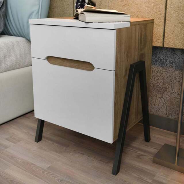 Decorotika Neva Single Door Single Drawer Walnut White and Black Side Table - Multi - Wilko - image 1