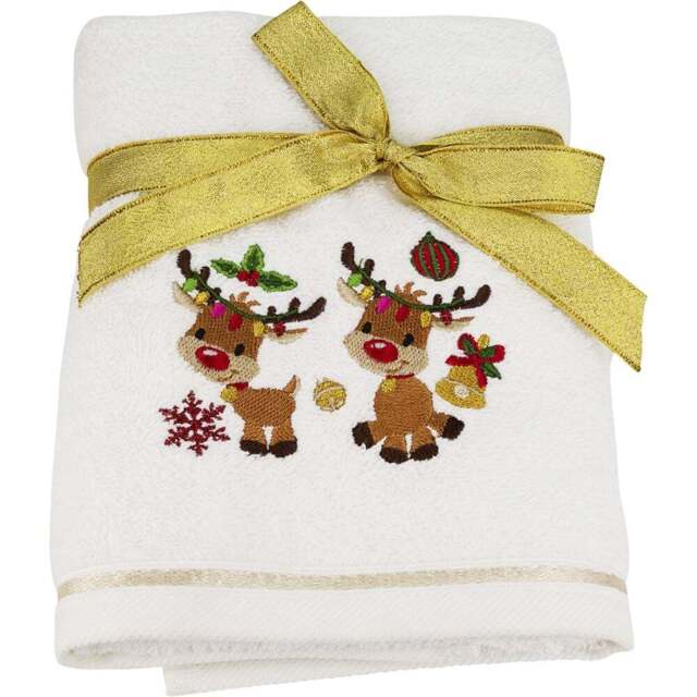 Bellissimo Home Cotton Embroidered Singing Reindeer Hand Towel 2 Pack - Size: 70 x 50 x 1cm - White - Wilko - image 1