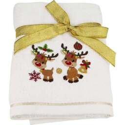 Bellissimo Home Cotton Embroidered Singing Reindeer Hand Towel 2 Pack - Size: 70 x 50 x 1cm - White - Wilko - thumbnail 1