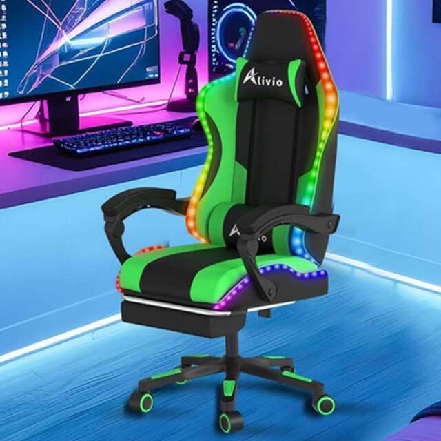 Alivio Green PU Leather Wireless App Control LED Gaming Chair with Massage Lumbar Cushion - Size: 124 x 65.5 x 62cm - Wilko - image 1