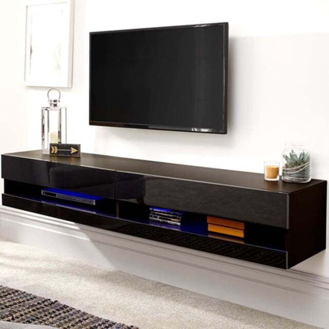 GFW Galicia Black Medium Wall TV Unit with LED - Size: 38 x 150 x 30cm - Wilko - image 1