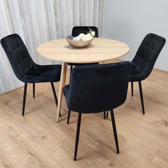 Portland 4 Seater Velvet Round Dining Set Wood Effect and Black - Wilko - image 1