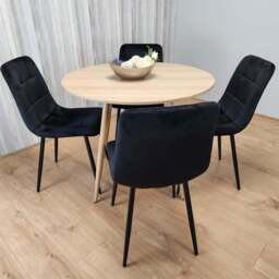 Portland 4 Seater Velvet Round Dining Set Wood Effect and Black - Wilko