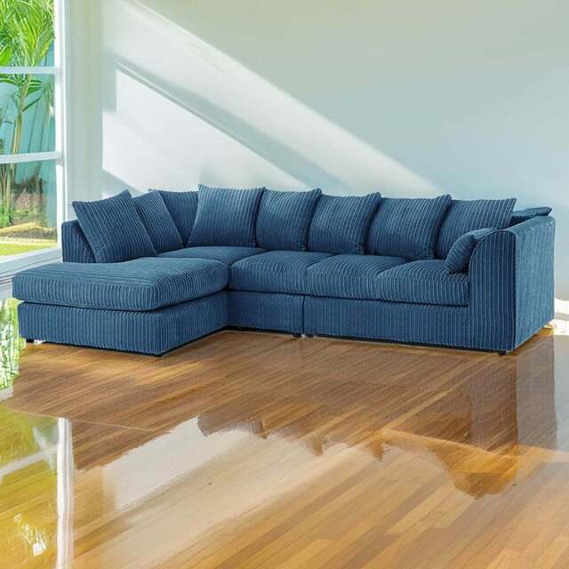 Luxor 4 Seater Marine Blue Jumbo Cord Left Hand Facing Scatter Back L Shaped Corner Sofa Set - Wilko - image 1