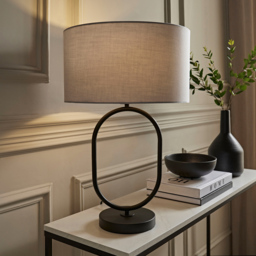 ValueLights Antonia Grey Fabric Drum Shade Matte Black Oval LED Table Lamp - Size: 42.3 x 25 x 25cm - Wilko - thumbnail 3