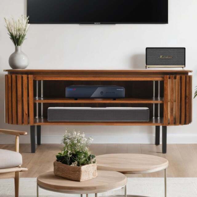Brooklyn Slatted 2 Shelf Mango Wood TV Cabinet - Brown - Wilko - image 1