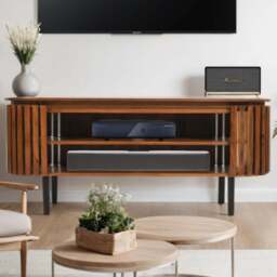 Brooklyn Slatted 2 Shelf Mango Wood TV Cabinet - Brown - Wilko - thumbnail 1