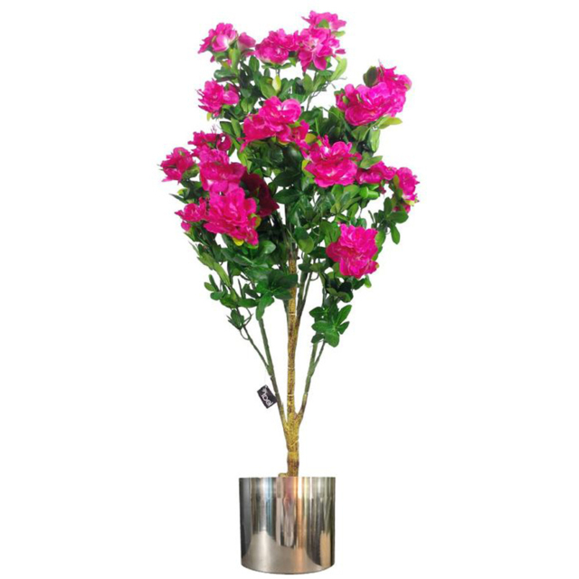Leaf Pink Artificial Azalea Flowers Plant in Silver Metal Planter 3.2ft - Size: 105 x 50 x 50cm - Wilko - image 1