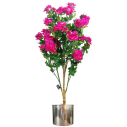 Leaf Pink Artificial Azalea Flowers Plant in Silver Metal Planter 3.2ft - Size: 105 x 50 x 50cm - Wilko