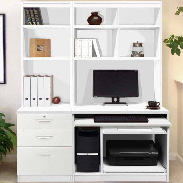 R White Cabinets 3 Drawer Set-17 Computer Desk with Bookcase and Printer Shelf White - Size: 182.8 x 132.9 x 54cm - Wilko - image 1
