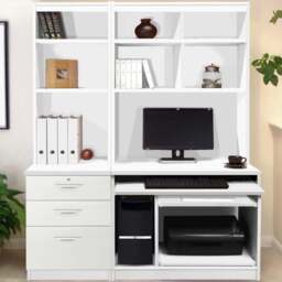 R White Cabinets 3 Drawer Set-17 Computer Desk with Bookcase and Printer Shelf White - Size: 182.8 x 132.9 x 54cm - Wilko