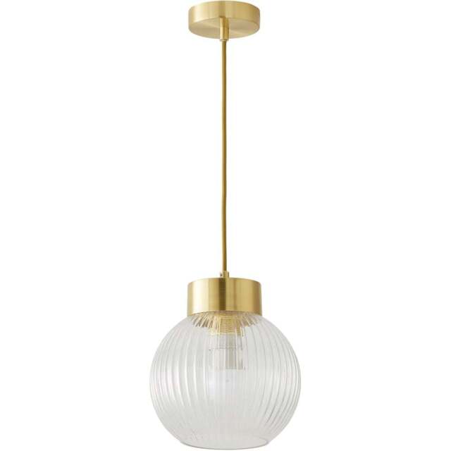 ValueLights Maddison Ribbed Glass Shade Brushed Gold Capped LED Ceiling Pendant Light - Size: 129 x 20 x 20cm - Wilko