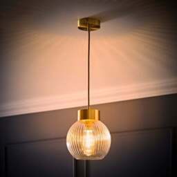 ValueLights Maddison Ribbed Glass Shade Brushed Gold Capped LED Ceiling Pendant Light - Size: 129 x 20 x 20cm - Wilko - thumbnail 7