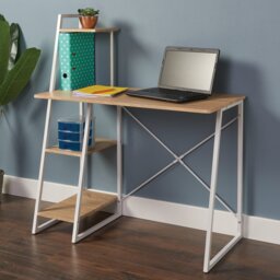 Harlow Oak & Silver Metal Shelved Desk - Size: 102 x 117 x 50cm - Brown - Wilko