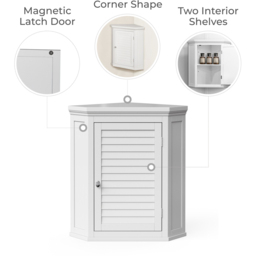 Teamson Home Glancy One Shutter Door Removable Wooden Corner Wall Cabinet White - Size: 61.0 x 38.1 x 57.2cm - Wilko - thumbnail 4