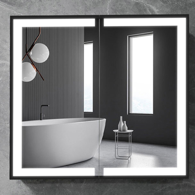 Living and Home Black Framed LED Mirror Bathroom Cabinet - Size: 13.7 x 65 x 60cm - Wilko - image 1