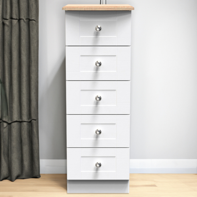 Crowndale Sussex 5 Drawer White Ash and Bardolino Oak Bedside Table Ready Assembled - Wilko - image 1