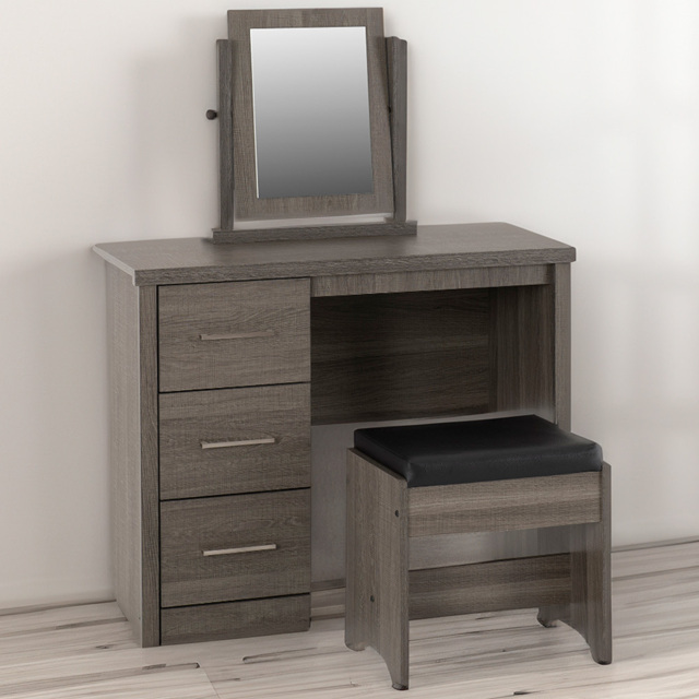 Seconique Lisbon 3 Drawer Black Wood Grain Faux Leather Dressing Table Set with Mirror - Size: 40 x 90 x 73cm - Wilko
