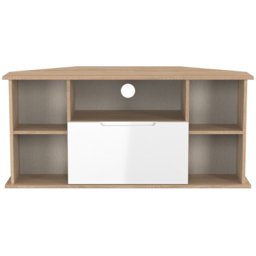Crowndale Milan Single Drawer 5 Shelf White Gloss and Bardolino Oak Corner TV Unit Ready Assembled - Size: 51 x 110 x 52cm - White Gloss & Bardolino O - thumbnail 3