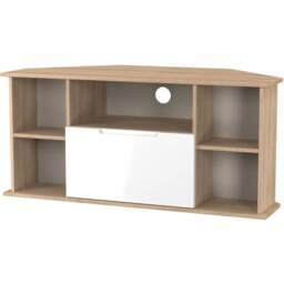 Crowndale Milan Single Drawer 5 Shelf White Gloss and Bardolino Oak Corner TV Unit Ready Assembled - Size: 51 x 110 x 52cm - White Gloss & Bardolino O - thumbnail 5