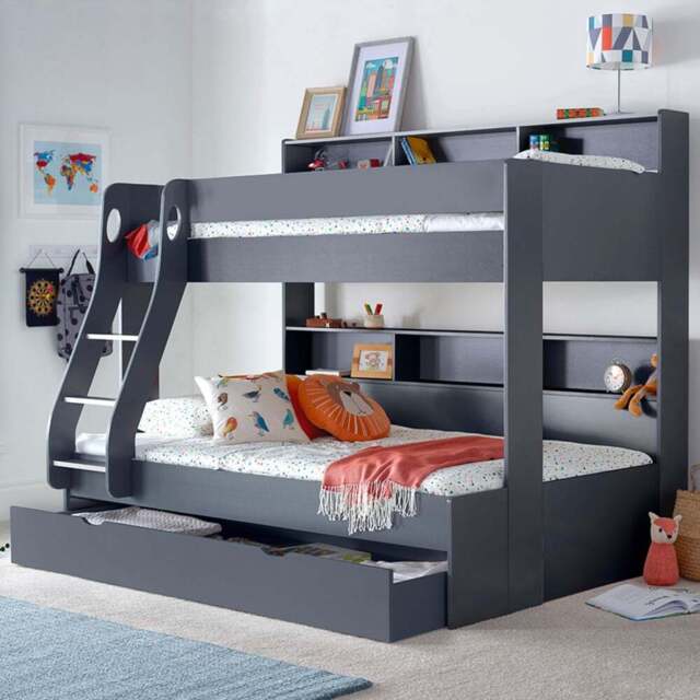 Bedmaster Oliver Triple Sleeper Onyx Grey Storage Bunk Bed with Spring Mattresses - Size: Single + Double - Wilko - image 1