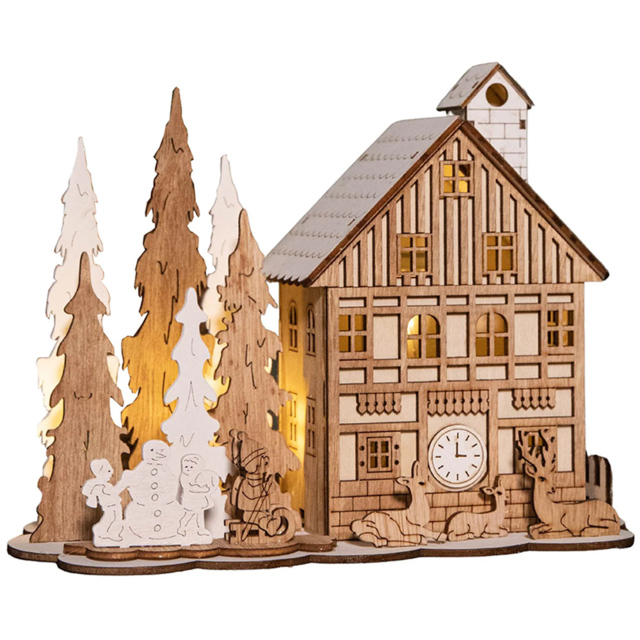 Samuel Alexander Light Up Wooden House Scene with Christmas Trees Decoration 16cm - Size: 16 x 21 x 21cm - Brown - Wilko - image 1
