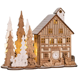 Samuel Alexander Light Up Wooden House Scene with Christmas Trees Decoration 16cm - Size: 16 x 21 x 21cm - Brown - Wilko