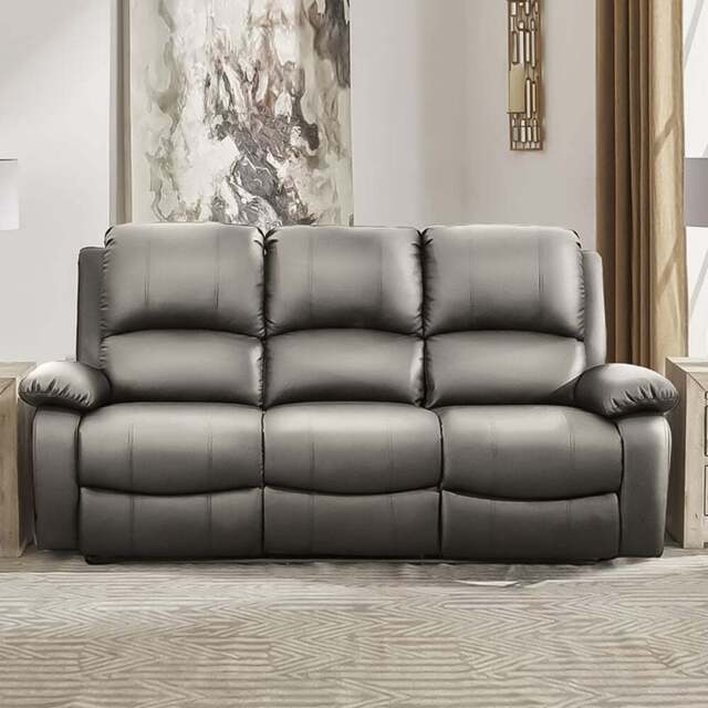 Brooklyn 3 Seater Light Grey Bonded Leather Manual Recliner Sofa - Wilko - image 1