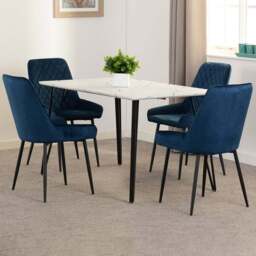 Seconique Marlow and Avery 4 Seater Dining Set White Marble and Sapphire Blue Velvet - White Marble/Sapphire Blue Velvet - Wilko