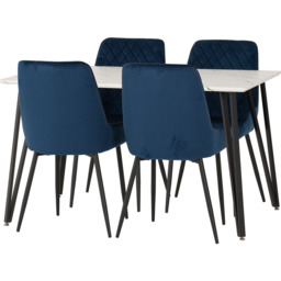 Seconique Marlow and Avery 4 Seater Dining Set White Marble and Sapphire Blue Velvet - White Marble/Sapphire Blue Velvet - Wilko - thumbnail 3