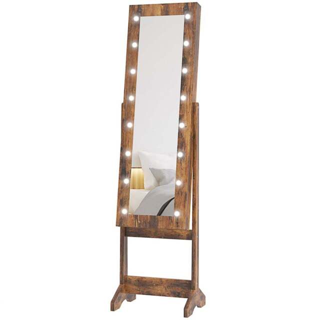 HOMCOM Rustic Brown Freestanding LED Mirrored Jewellery Cabinet - Size: 14.5 x 38.5 x 113cm - Wilko - image 1